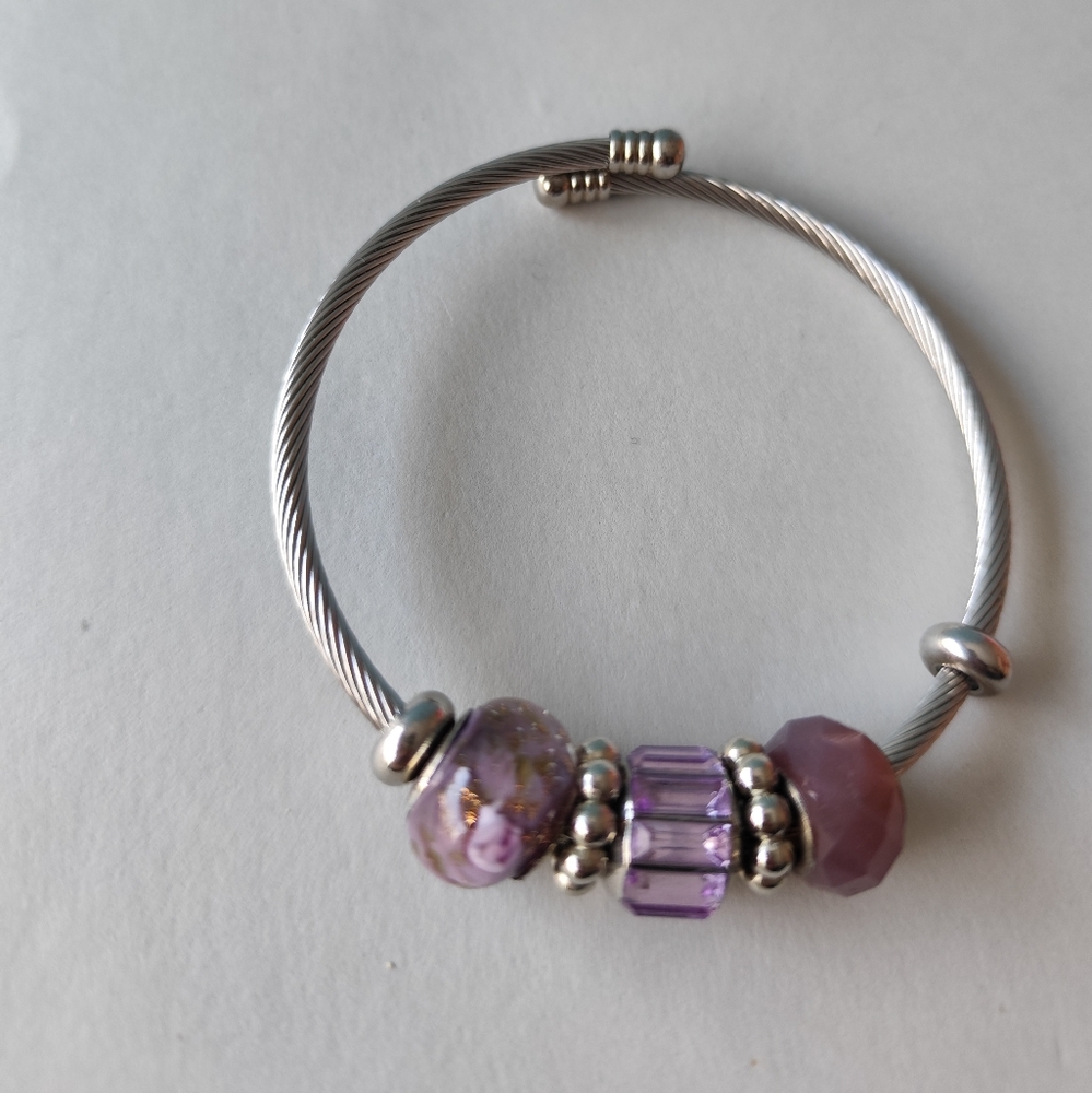 4/$50⭐️Silver Plate Pink Art Glass Rhinestone Slider Charm Bangle Bracelet 7.5"